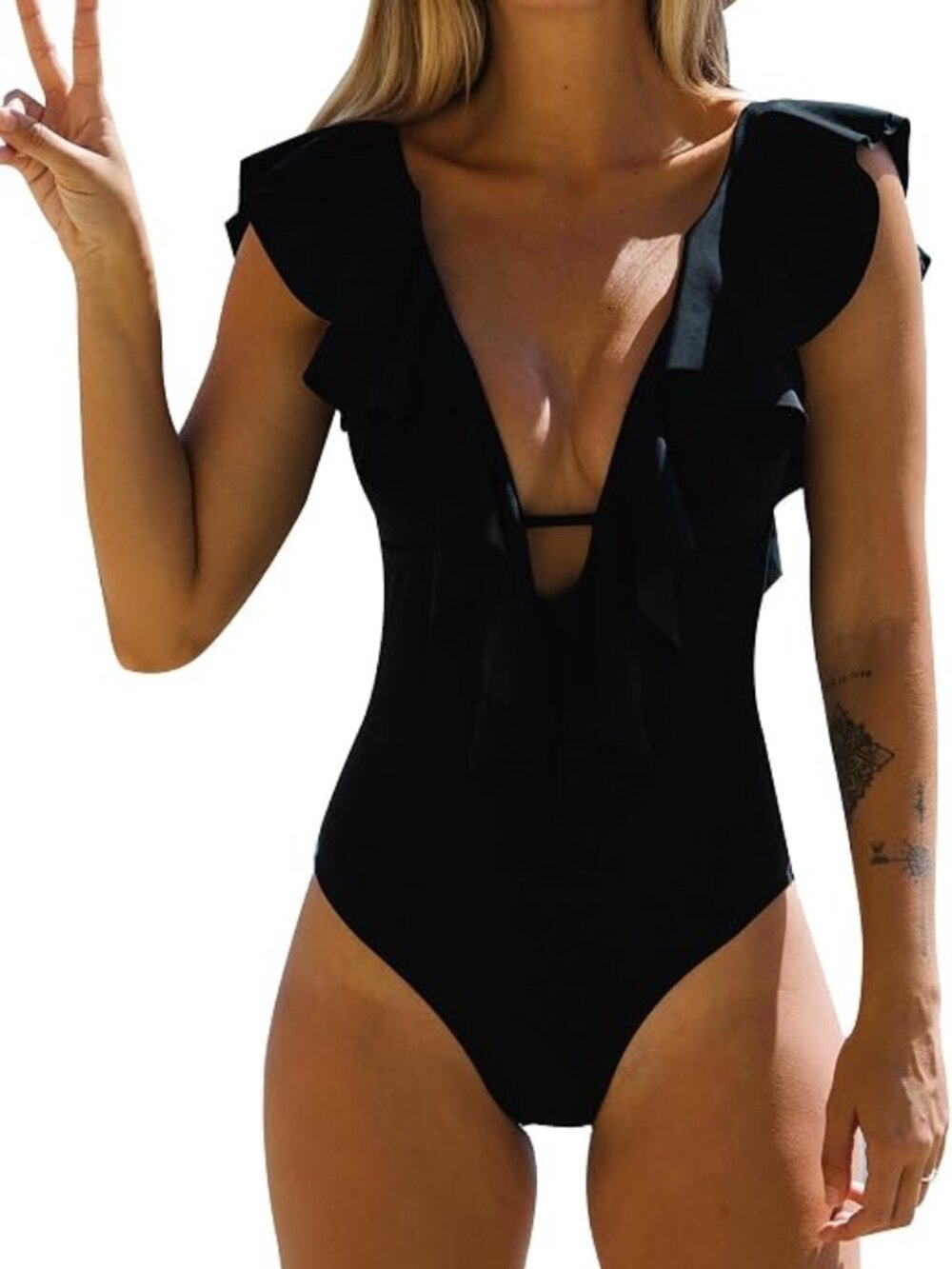 2 One Piece Swimsuits, Size M, Black Deep V and Rust Orange Tummy Control
